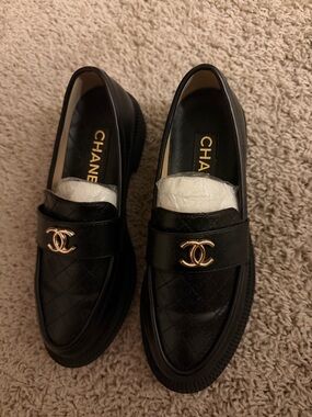 Black Quilted Leather Loafers with Gold CC Emblem
